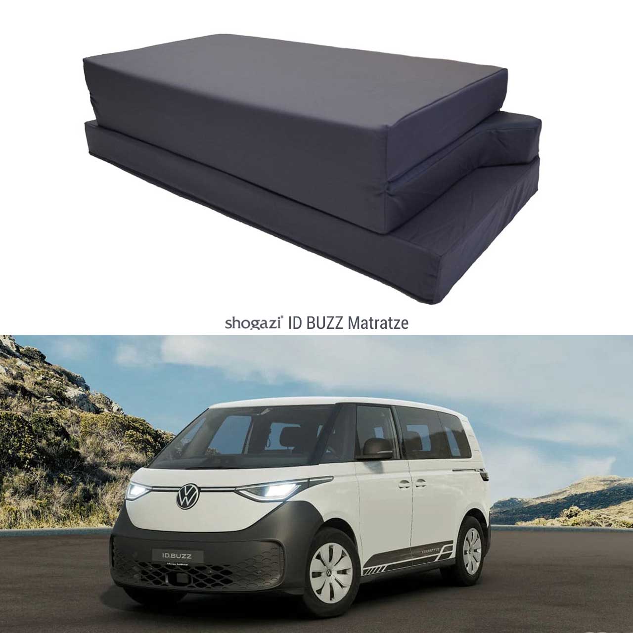 VW ID Buzz geparkt an einer Straße entlang des Meeres mit Palmen im Hintergrund – Matratze 140x200 cm für VW ID Buzz