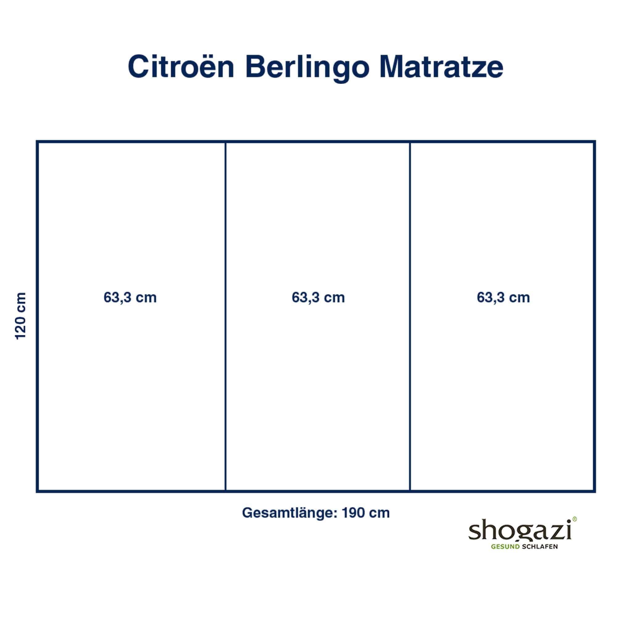 Skizze der faltbaren Campingmatratze für Citroen Berlingo mit 120x190 cm – ideal für Van-Ausbau und Campingumbau.