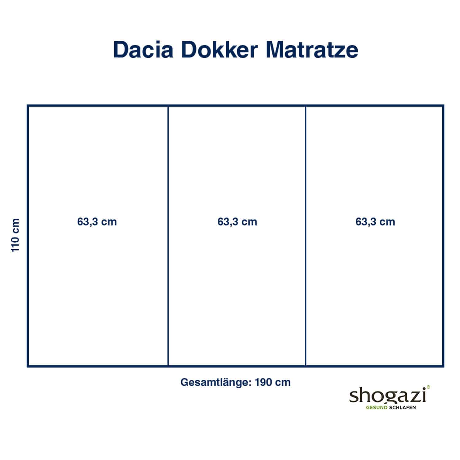 Skizze der faltbaren Campingmatratze für Dacia Dokker mit 110x190 cm