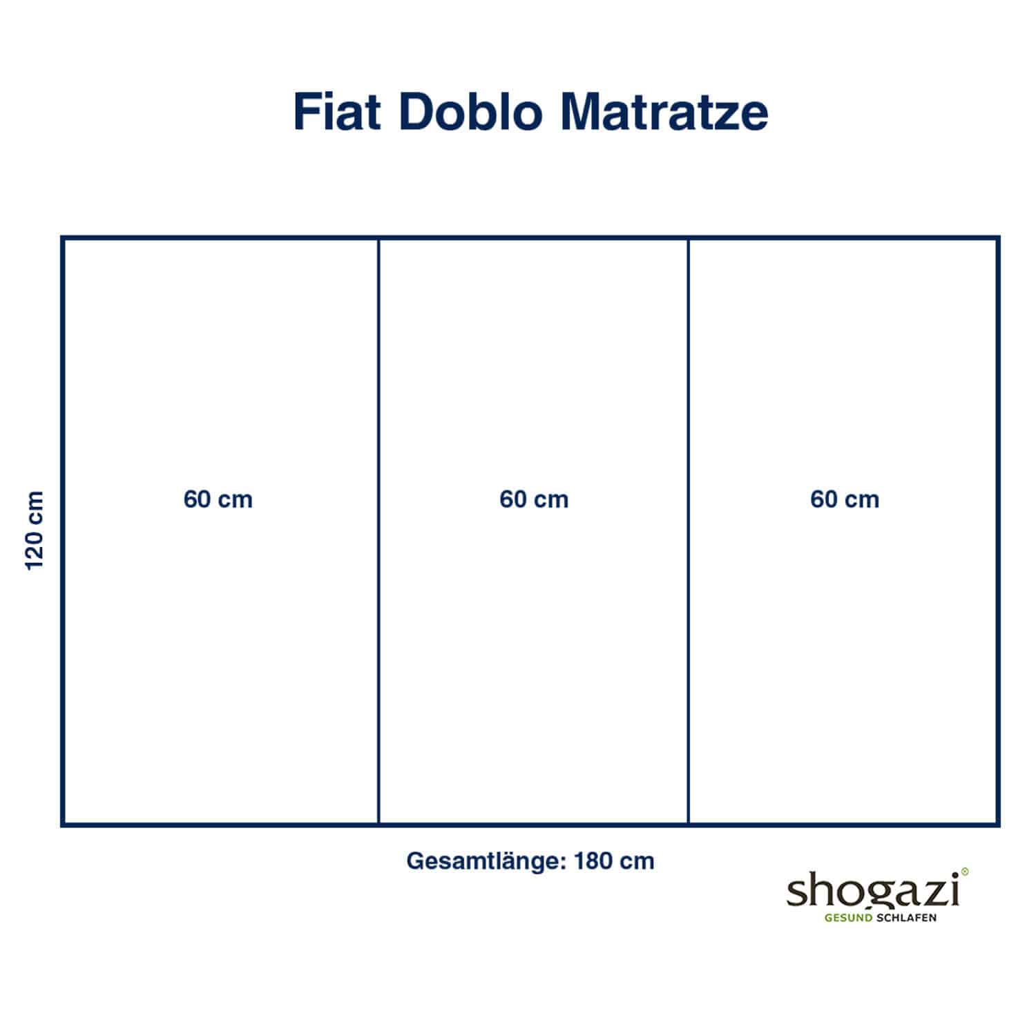 Skizze der faltbaren Campingmatratze für Fiat Doblo mit 120x180 cm – ideal für Van-Ausbau und Campingumbau.