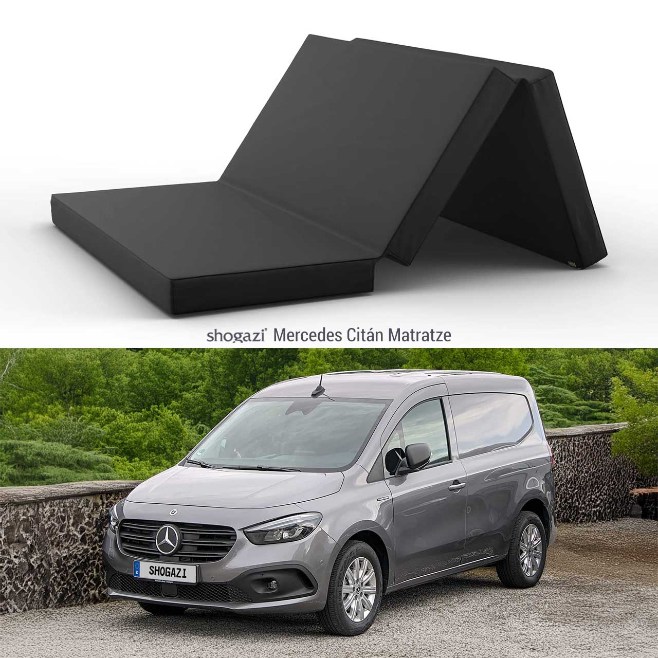 Mercedes Citán Matratze – Faltbare Kaltschaummatratze vor geparktem Mercedes Citan Kastenwagen