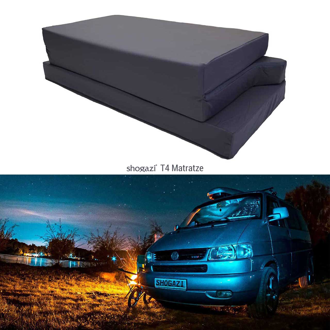 T4 Matratze – Faltbare Fahrzeugmatratze aus Kaltschaum vor VW T4 Camper bei Nacht